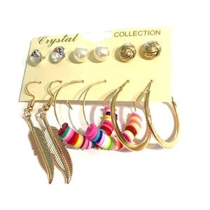 Earrings Set 6 Pair Gold Tone Studs Hoops Leaf